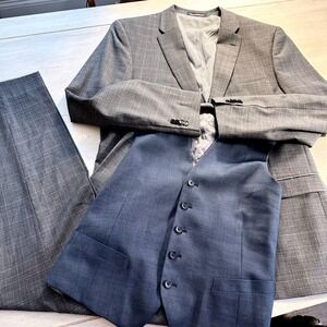 Tommy‎ Hilfiger Mens 3 Piece Suit Gray Plaid Wool Blend Vest Jacket Pants Formal